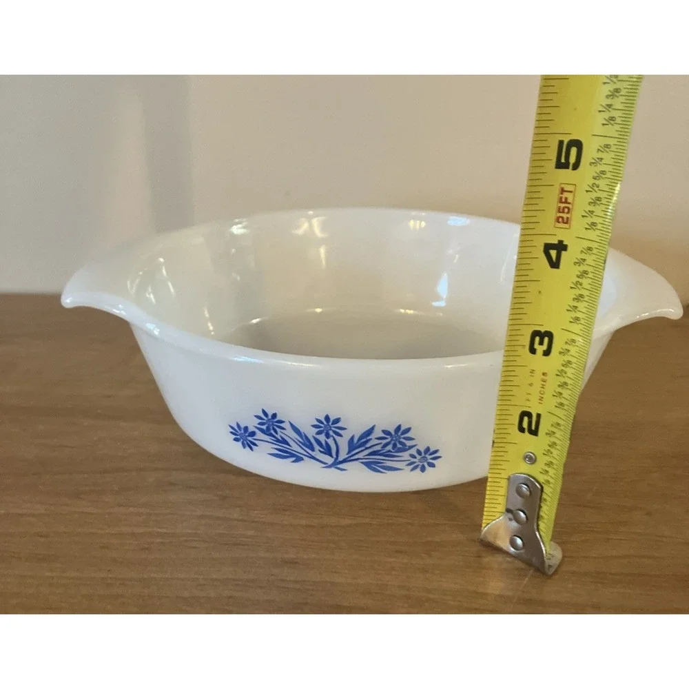 Vintage Fire King Milk Glass Round Casserole Blue Cornflower 1 QT Dish - EUC